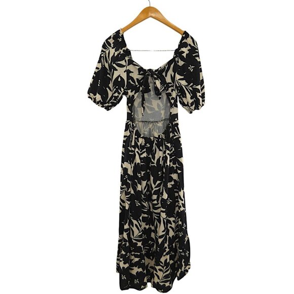 Cottagecore Black Tan Linen Puff Sleeve Tie Back Cutout Midi Dress Size S Floral - Picture 6 of 13